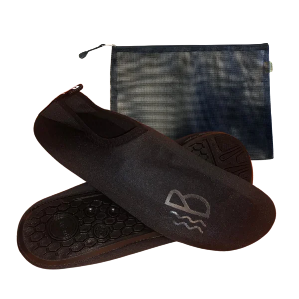 Black water shoes a logo on a black mesh bag on a white background