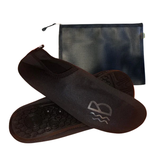 Black water shoes a logo on a black mesh bag on a white background