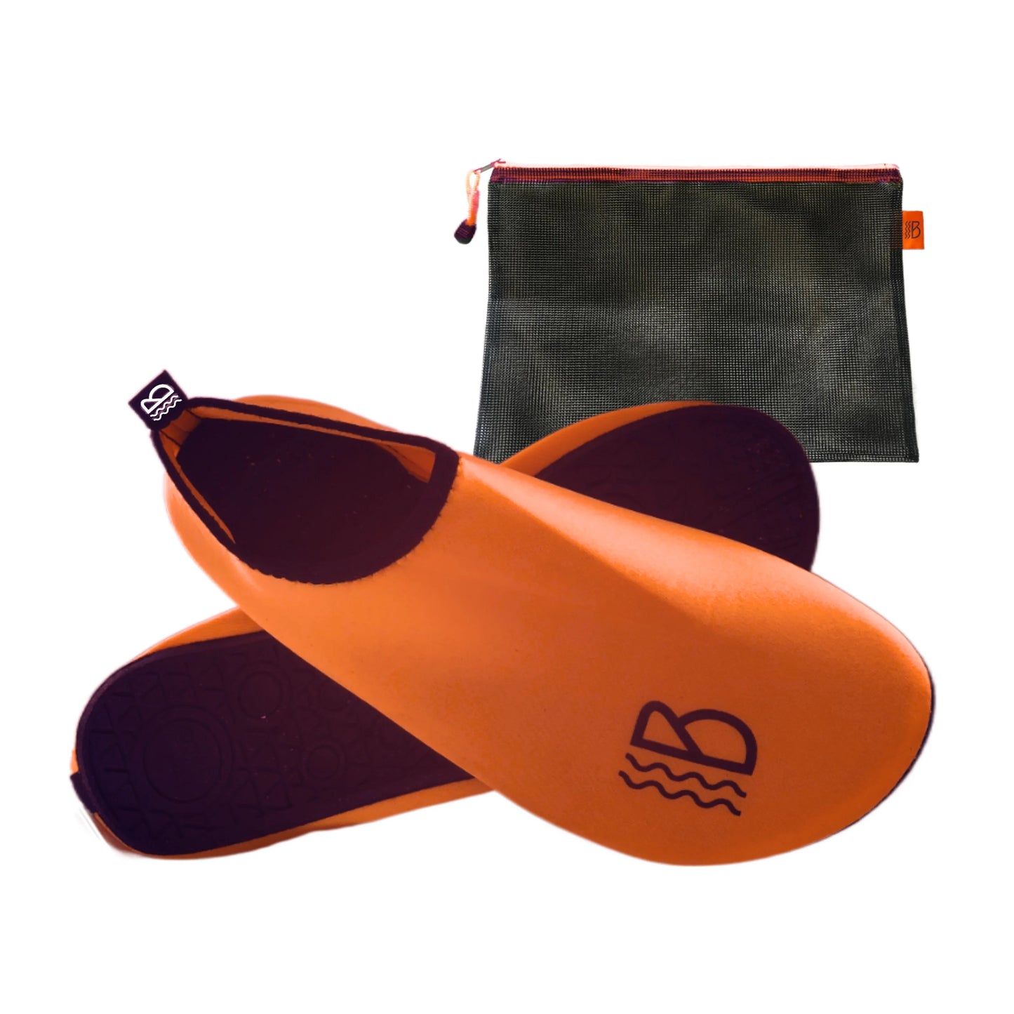 Orange and black water shoes with a mesh bag on a white background