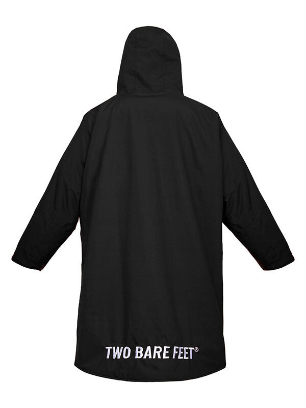 Black hooded changing robe with 'Two Bare Feet' logo 