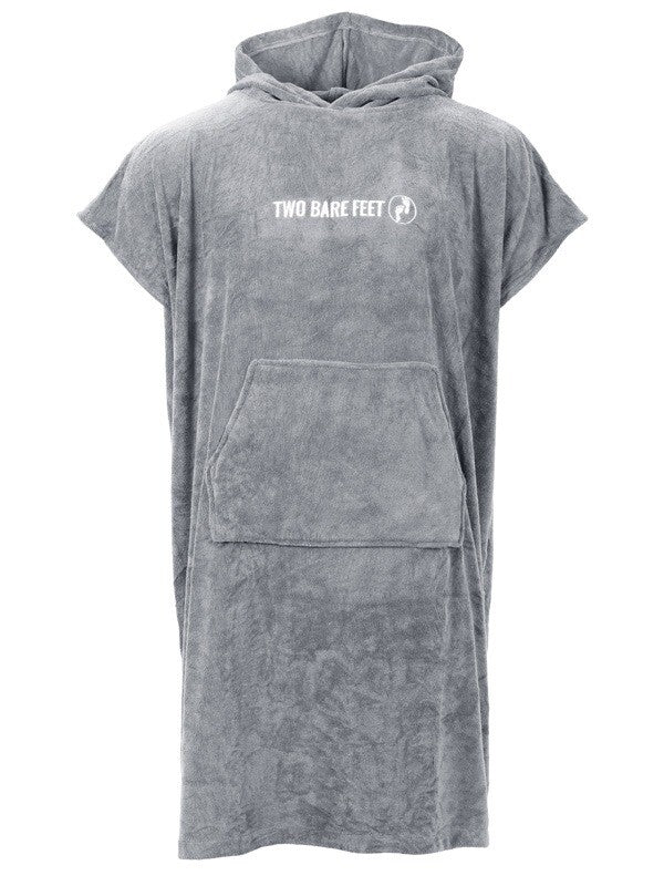 Gray towel poncho changing robe with hood and pocket featuring 'Two Bare Feet' logo on a white background