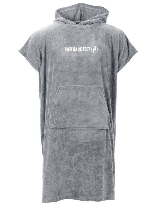 Gray towel poncho changing robe with hood and pocket featuring 'Two Bare Feet' logo on a white background