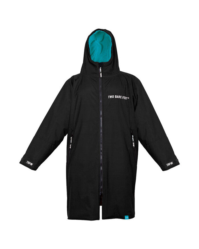 Black hooded changing jacket with teal lining on a white background